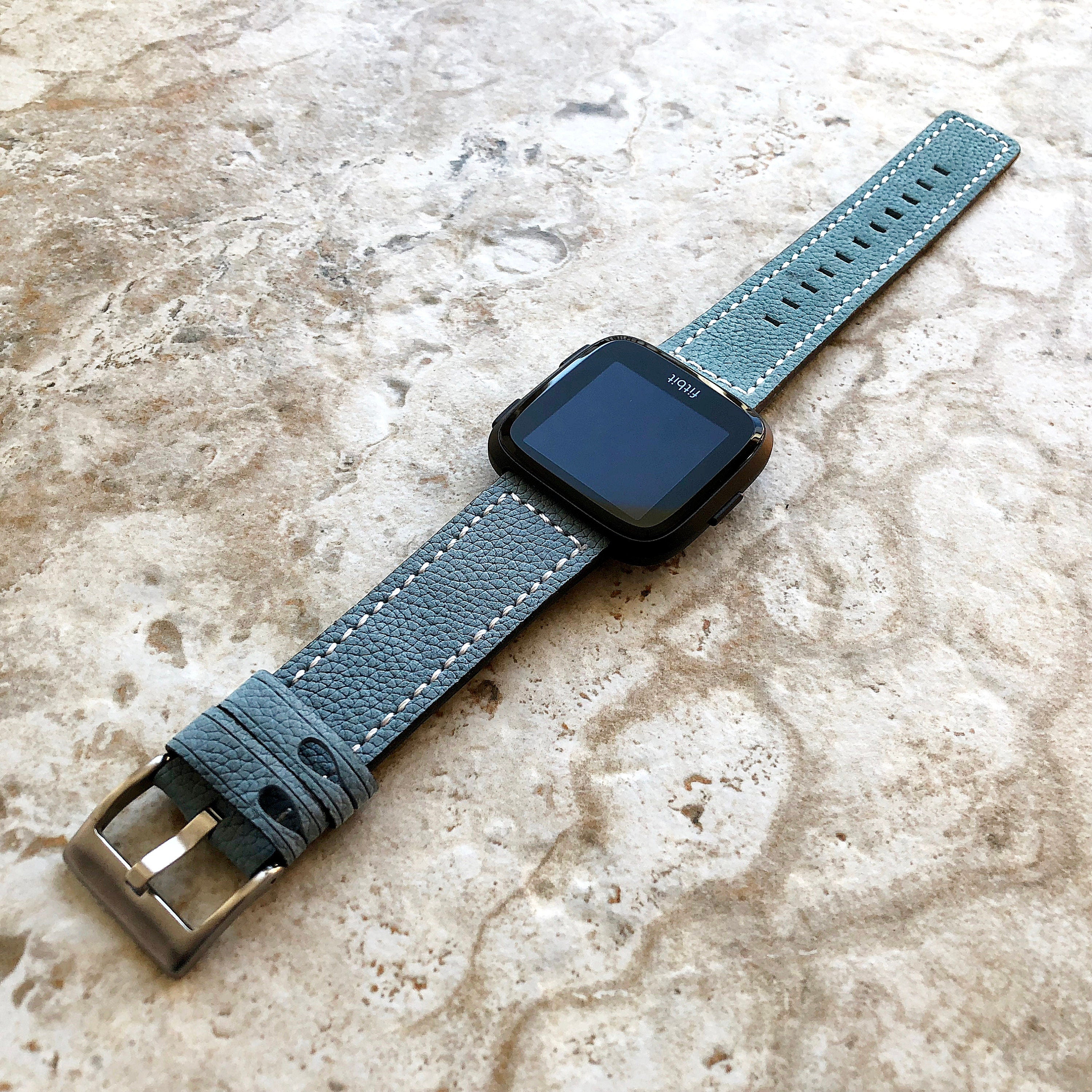 Bands for Fitbit Versa 2 3 4 Sense 2 Blue Suede White Stitches Modern Strap Quick Release Pins Adapters Silver Rose Gold Black Buckles